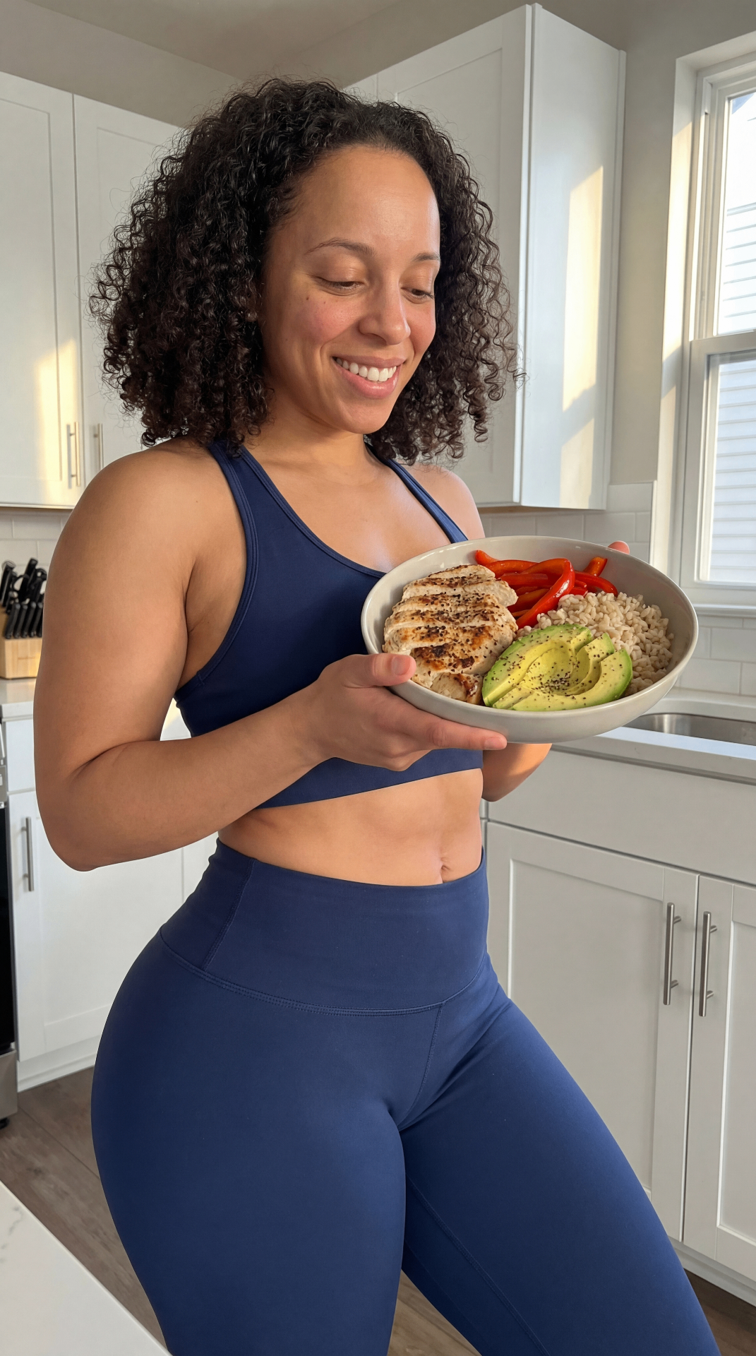 Woman in kitchen holding healthy meal showing fit physique