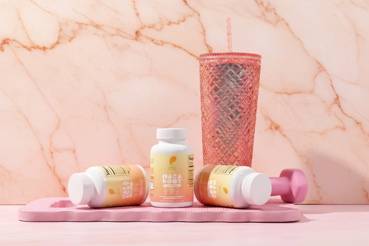 Maca Root supplement bottles with pink dumbbell and tumbler